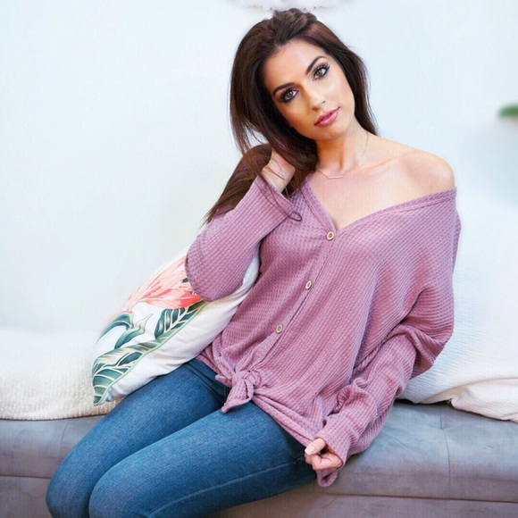 ValMarie Tops - FIRESIDE ROMANCE Mauve waffle-knit button top